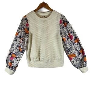 Porridge Anthropologie Women's Quilted Sweater Floral Puff Sleeve Cream Size S